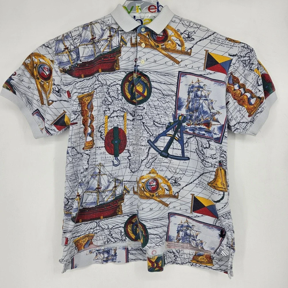 Vintage American Eagle Shirt Mens Extra Large Nautical Polo‎ Short Sleeve AOP